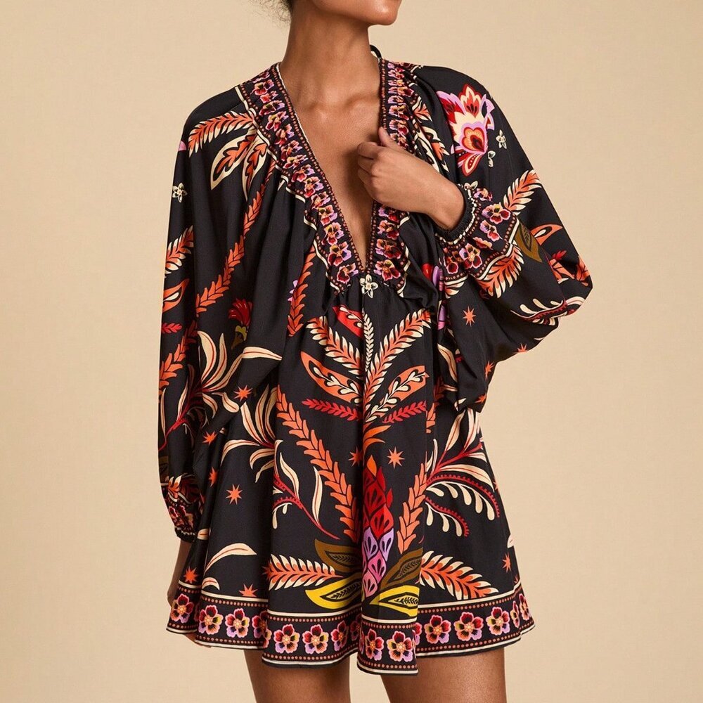 Multicolor Boho Women's Casual  Plant Print Batwing Sleeves Mini Dress - Picture 6 of 7